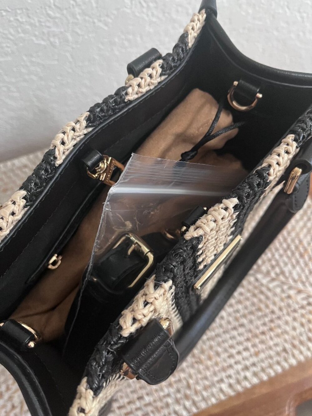 SAINT & SOFIA Mini Tote Bag Raffia Black/Tan Leather Artisan Handbag W/Strap - Picture 11 of 15